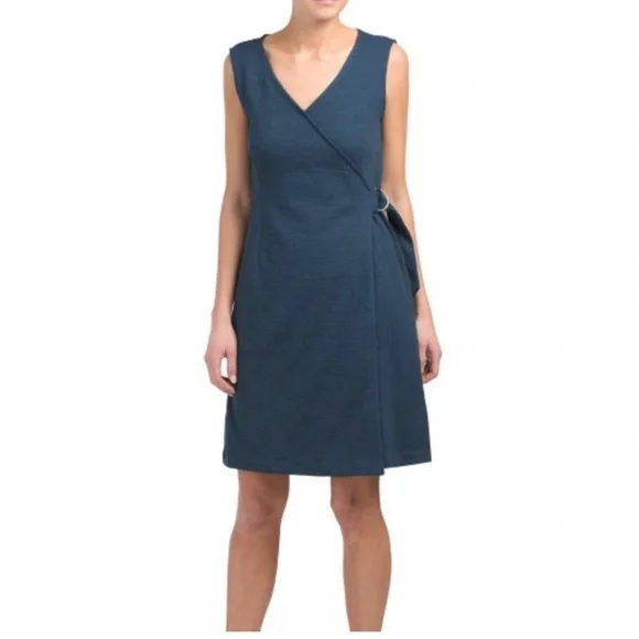 Cynthia Rowley Faux Wrap Sleeveless V-Neck Buckle Navy Blue Dress Size Large EUC - Picture 2 of 12